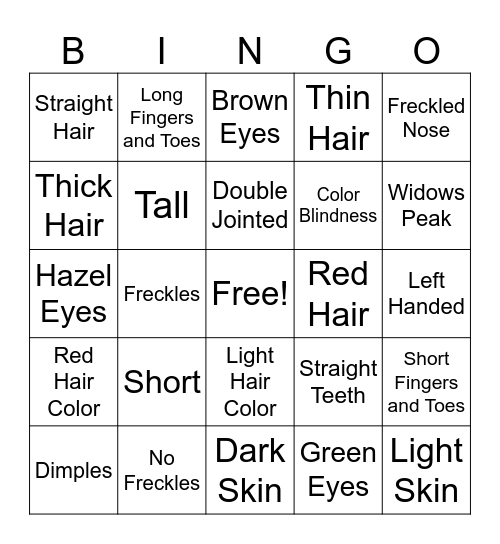 DNA (Genetic Traits) BINGO Card