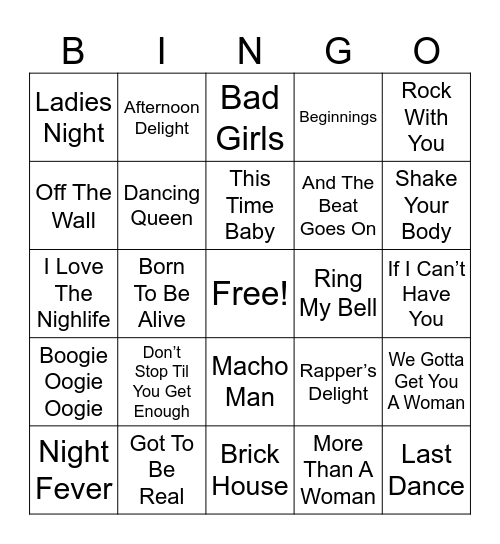 Disco Hits Bingo Card