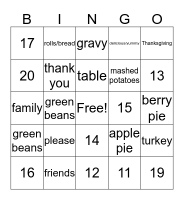 Thanksgiving/Numbers Bingo Card