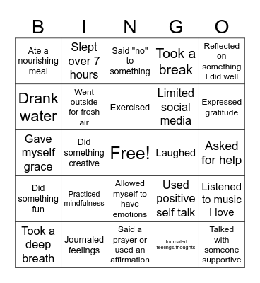 Self Care Bingo Card