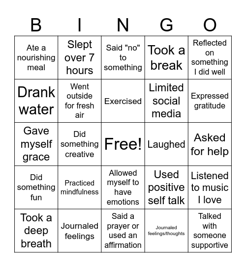 Self Care Bingo Card