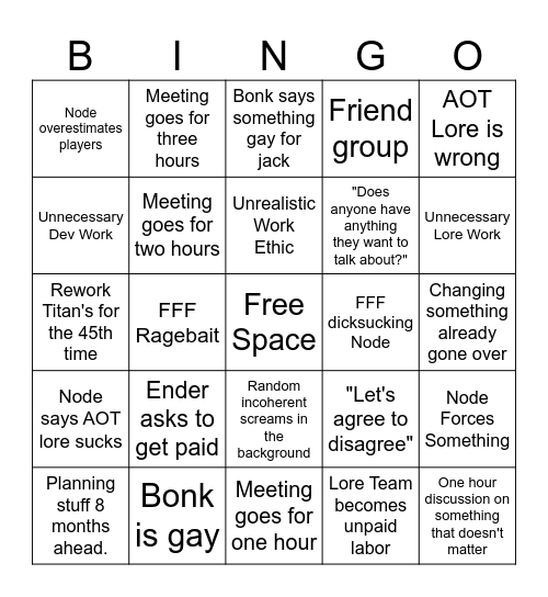 Lore Team Meeting Bingo Card
