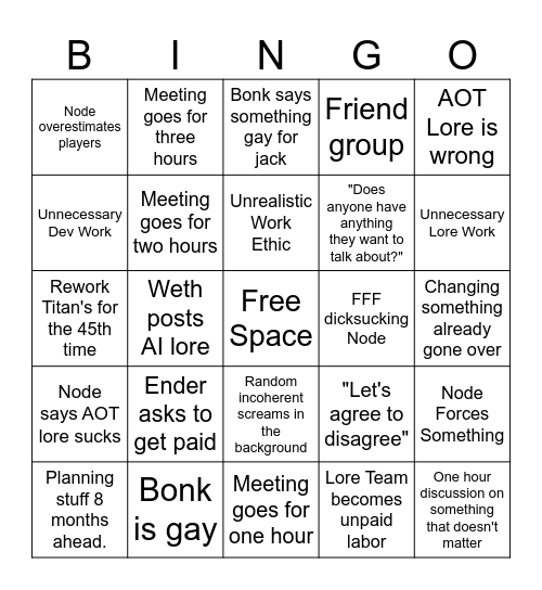Lore Team Meeting Bingo Card