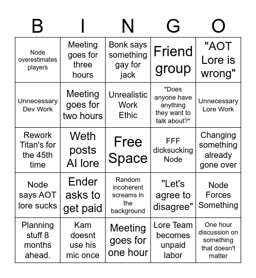 Lore Team Meeting Bingo Card