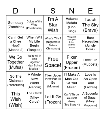 Disney Bingo Card