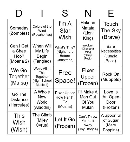 Disney Bingo Card