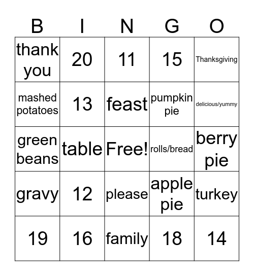 Thanksgiving/Numbers Bingo Card