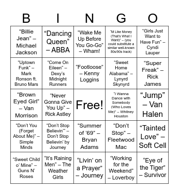 “Throwback Party Anthems” Bingo Card