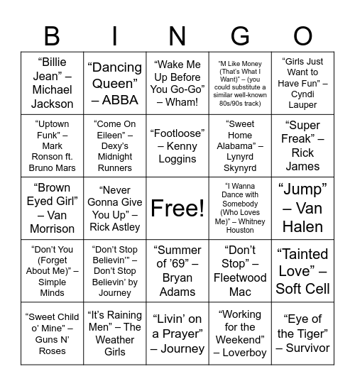 “Throwback Party Anthems” Bingo Card