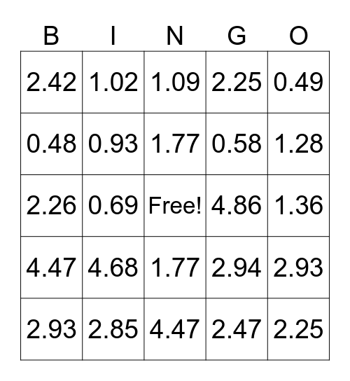 Decimal Division Bingo Card
