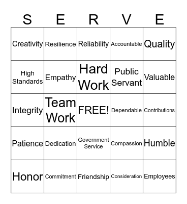 National Public Service Recognition Week 2013 Bingo Card