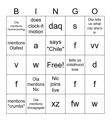 Ola Live Bingo Card