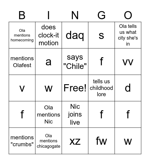 Ola Live Bingo Card
