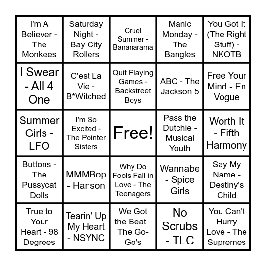 BOY BANDS & GIRL BANDS Bingo Card