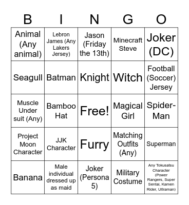 Halloween Costume Bingo Card