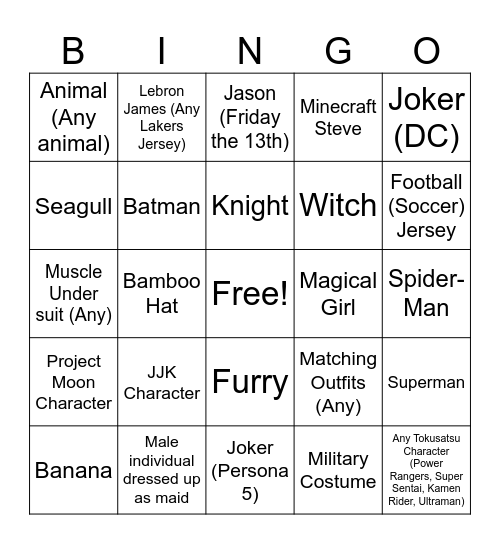 Halloween Costume Bingo Card