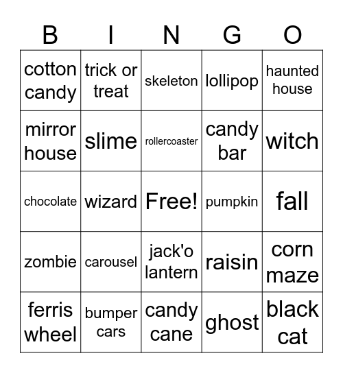 Halloween Theme Park Bingo Card