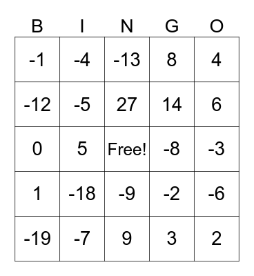 Addition and Subtraction Integers Bingo Card