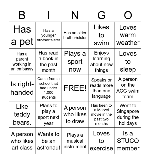 New Student Bingo Card