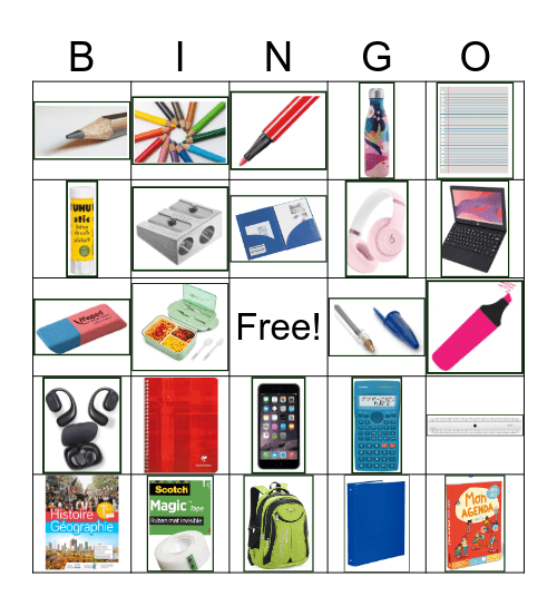 Les fournitures scolaires Bingo Card