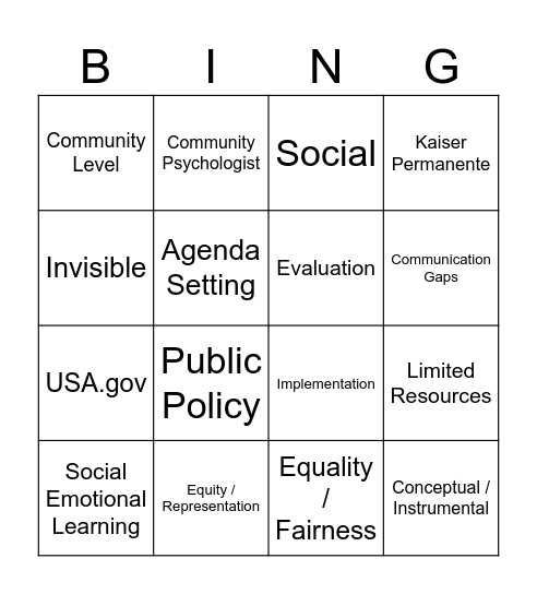 Public Policy Bingo Card