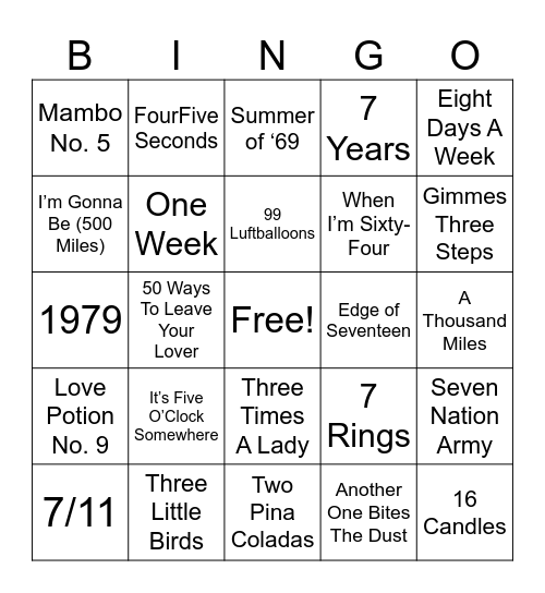 Numbers In The Title Bingo Card