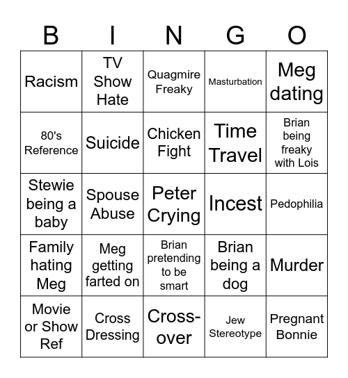 Family Guy Bingo Card