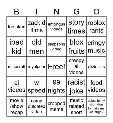 youtube shorst bingo Card