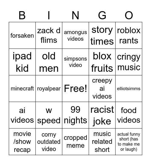 youtube shorst bingo Card
