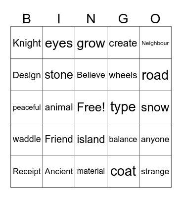 Jordy's Word Bingo Card