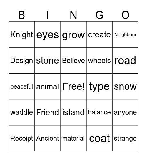 Jordy's Word Bingo Card