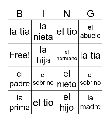 Familia Bingo Card