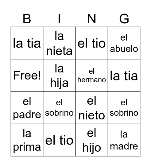 Familia Bingo Card
