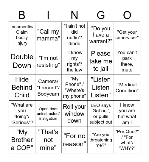 Buff Bodycam BINGO Card