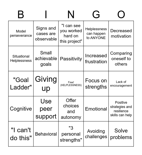 Helplessness In the Classroom Bingo Card