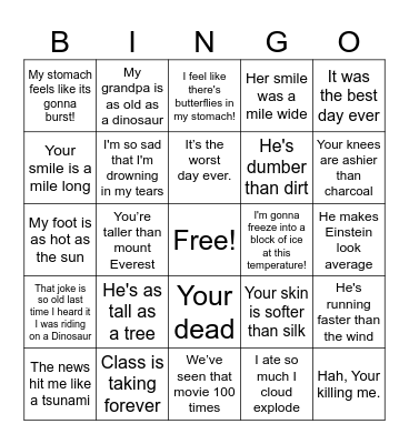 Hyperbole Bingo Card