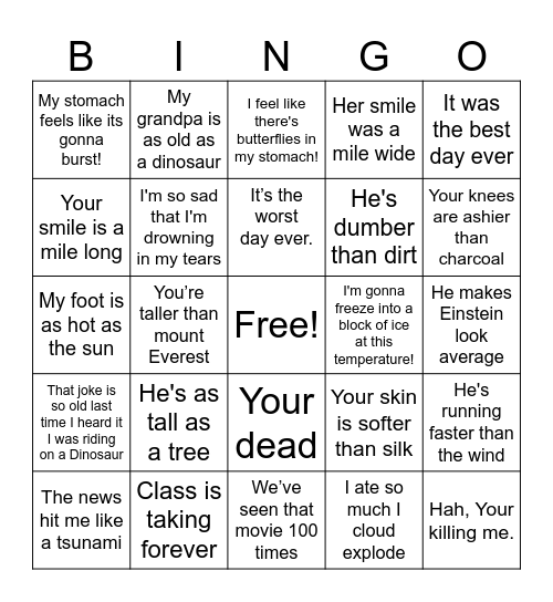 Hyperbole Bingo Card