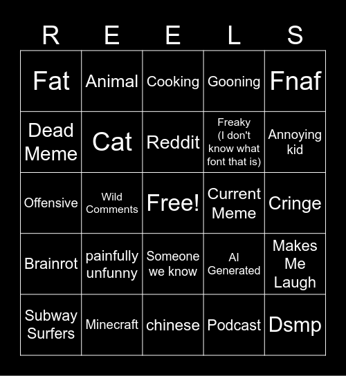 Instagram reels from "Jack's" Video Bingo Card