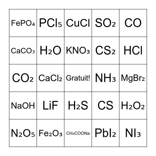 Noms et formules de composés Bingo Card