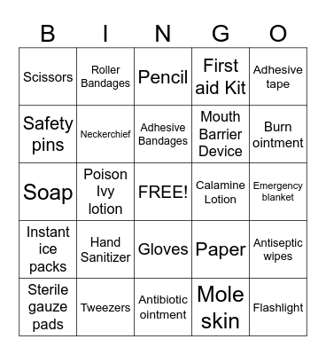 Boy Scout First Aid Bingo Card