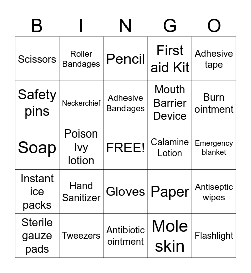 Boy Scout First Aid Bingo Card