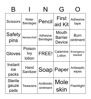 Boy Scout First Aid Bingo Card