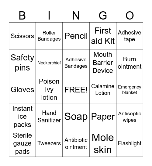 Boy Scout First Aid Bingo Card