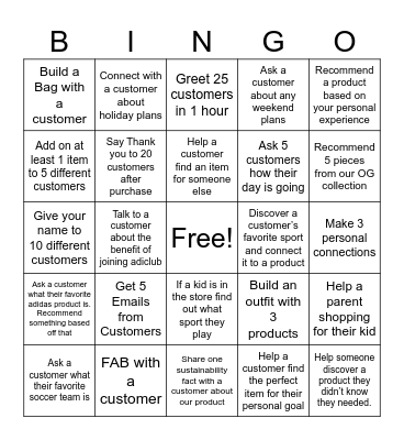 Adidas Bingo Card
