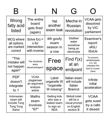 VCAA 2025 Bingo Card