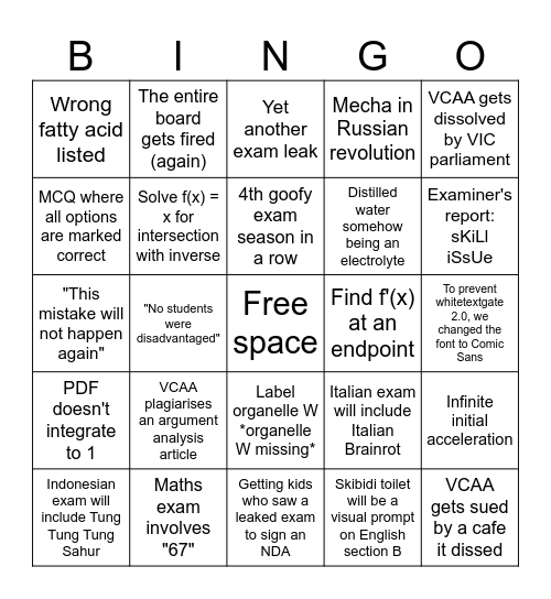 VCAA 2025 Bingo Card