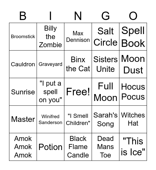 Just A Bunch of Hocus Pocus Bingo Card
