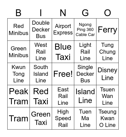 HK Transport Bingo Card