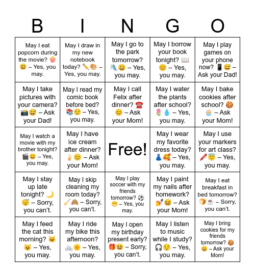 B14 L2 May I play outside after school? 🌳😄 – Yes, you may. Bingo Card