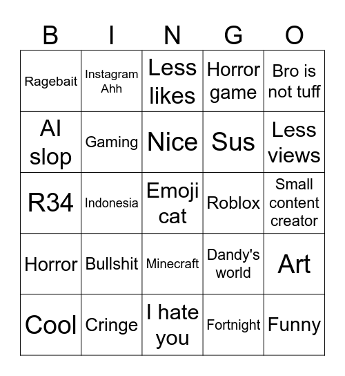 YouTube short Bingo Card